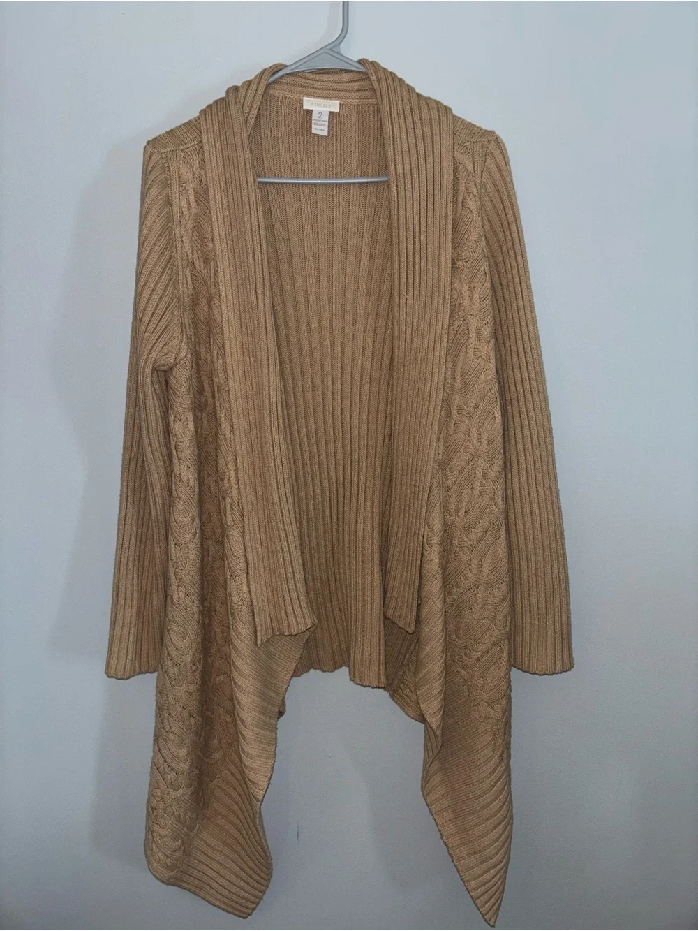 👢Chicos Women's Tan Open-Front Rib & Cable Knit Cardigan